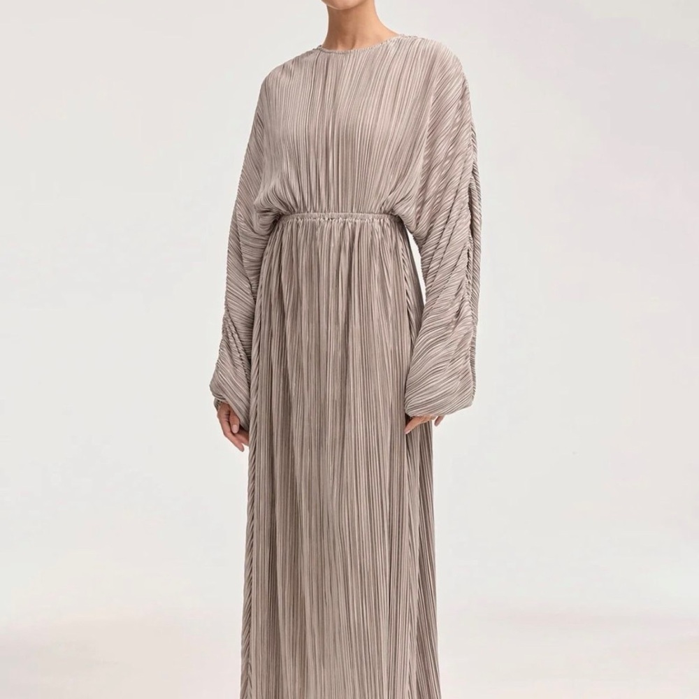 Veiled Plisse Pleated Maxi Dress in Taupe